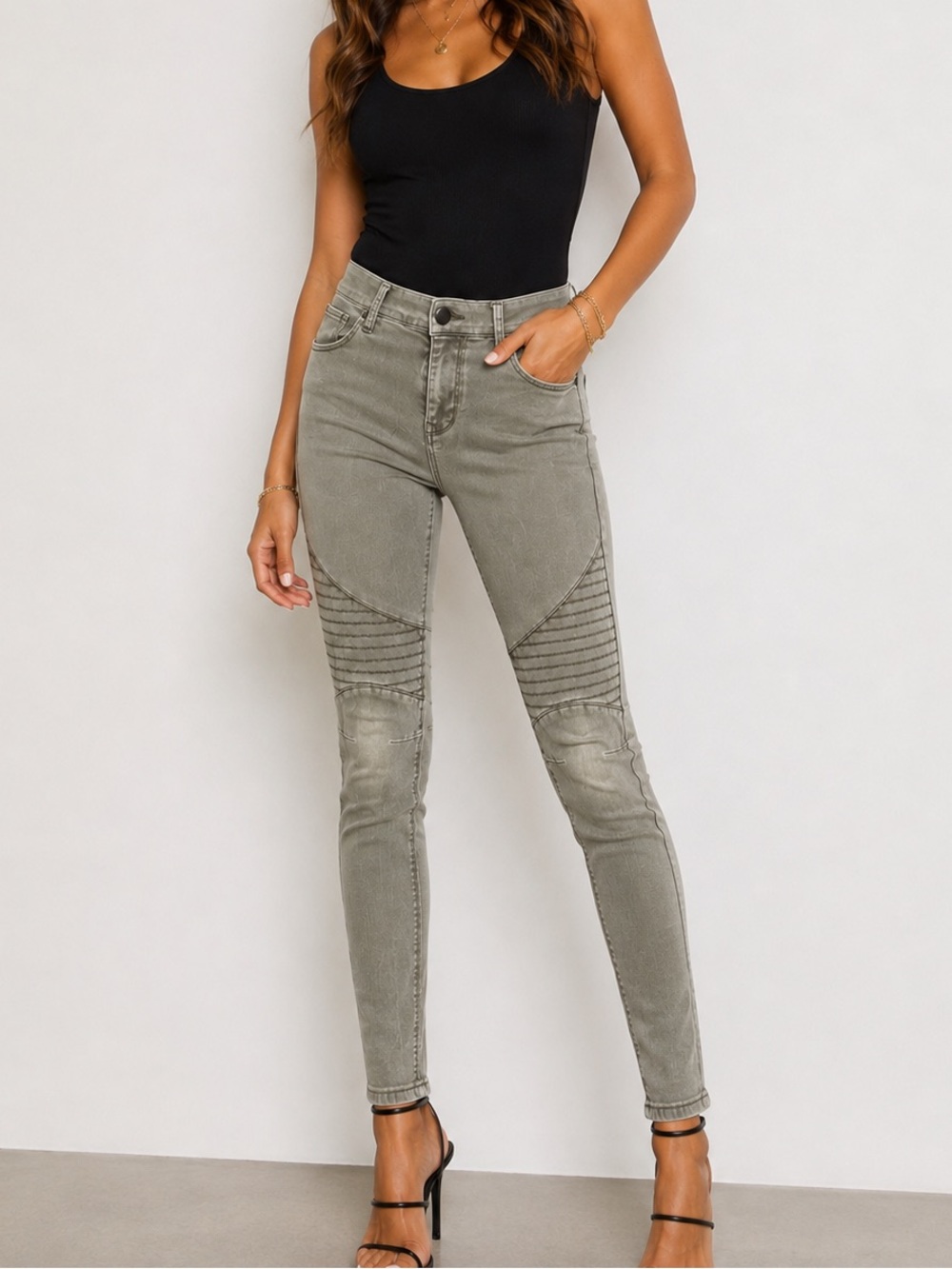 Express Mid-Rise Moto Skinny Jeans in Olive Green